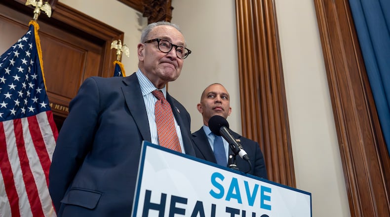 As Congress faces a year-end deadline on Affordable Care Act subsidies, Senate Minority Leader Chuck Schumer, D-N.Y., left, and House Minority Leader Hakeem Jeffries, D-N.Y., meet with reporters about health care affordability, at the Capitol in Washington, Wednesday, Dec. 3, 2025. (AP Photo/J. Scott Applewhite)