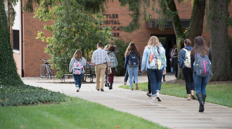 Students on the campus of Cedarville University, located at 251 N. Main St.