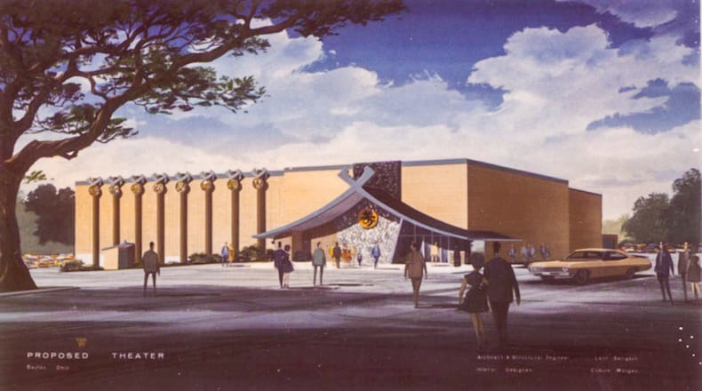 Artist rendering of the Kon-Tiki Theater, one of seventeen indoor and outdoor theaters owned by the Levin brothers of Dayton. The Polynesian themed movie theater was located on Salem Ave.