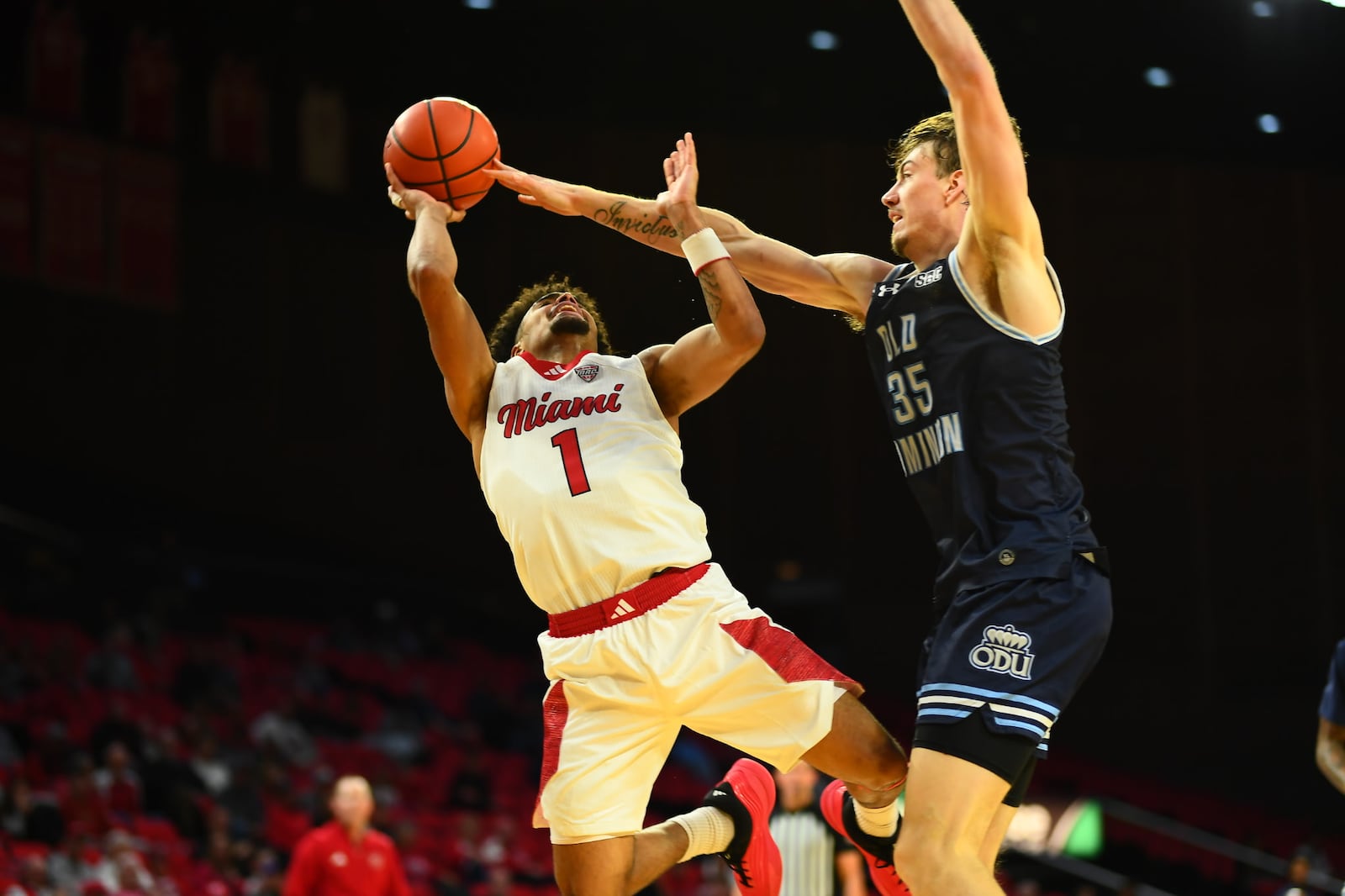 Miami's Trey Perry goes up for a shot against Old Dominion on Monday night at Millett Hall. KYLE HENDRIX / CONTRIBUTED