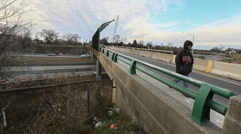 The Indiana Avenue overpass at Interstate 75. Toledo police said they filed murder charges against four teenagers Pedro Salinas, 13; Sean Carter, 14; Demetrius Wimberly, 14, and William Parker, 15 - accused of killing Marquise Byrd, 22, of Warren, Mich., with a sandbag dropped onto I-75. He suffered blunt-force trauma to the head and neck, according to the Lucas County Coroner’s Office. JEREMY WADSWORTH/THE BLADE