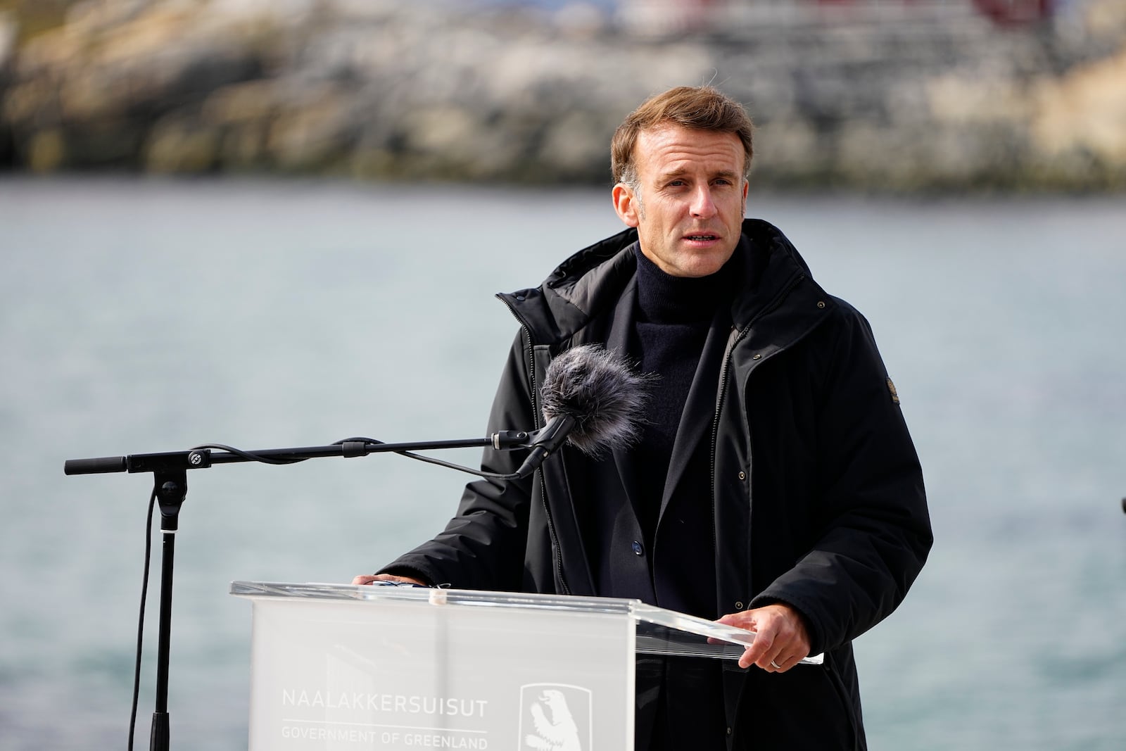 French President Emmanuel Macron speaks during a news conference in Nuuk, Greenland, Sunday, June 15, 2025. (Mads Claus Rasmussen/Ritzau Scanpix via AP)