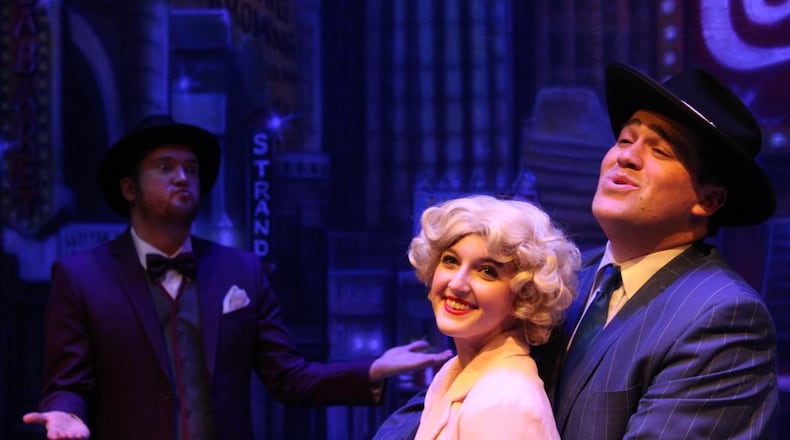 Left to right: Dylan Jackson (Benny Southstreet), Allison Gabert (Adelaide) and Cole Fletcher (Nathan Detroit) in La Comedia Dinner Theatre's production of "Guys and Dolls." PHOTO BY JUSTIN WALTON