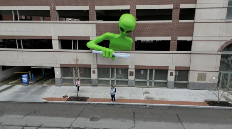 "Clive", an art installation in Covington, Ky., is made of foam, filled with fiberglass over the top. His eyes are carbon fiber.  ANDREW ROWAN/WCPO