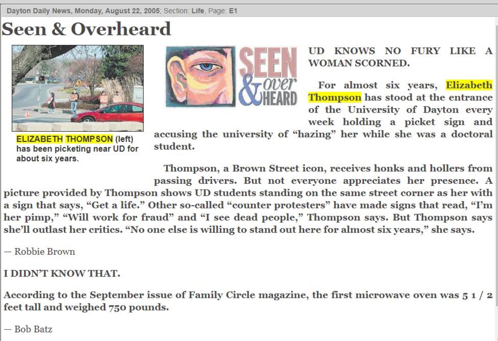 Item on Elizabeth Thompson's "anti-hazing" campaign published Aug. 22, 2005