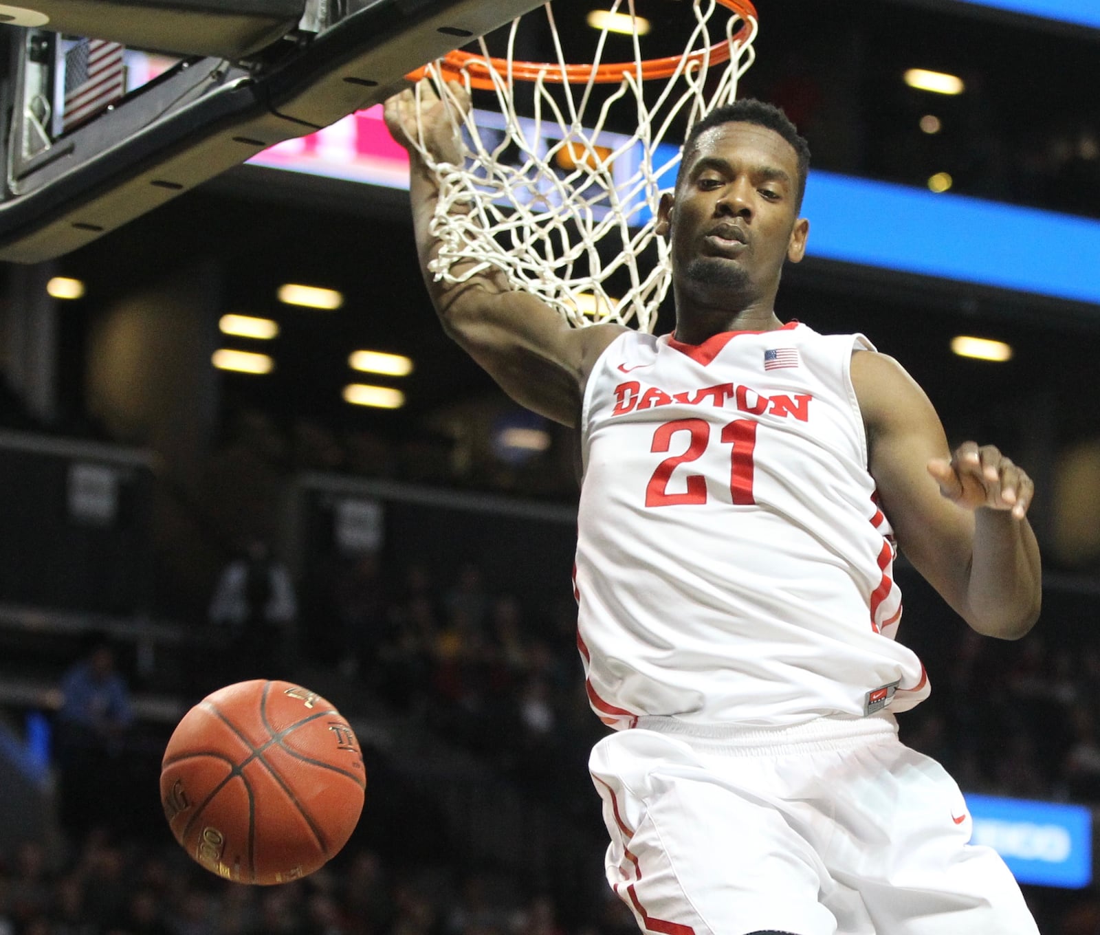 Dayton's Dyshawn Pierre dunks against St. Joseph's in the semifinals of the Atlantic 10 tournament on Saturday, March 12, 2016, at the Barclays Center in Brooklyn, N.Y. David Jablonski/Staff