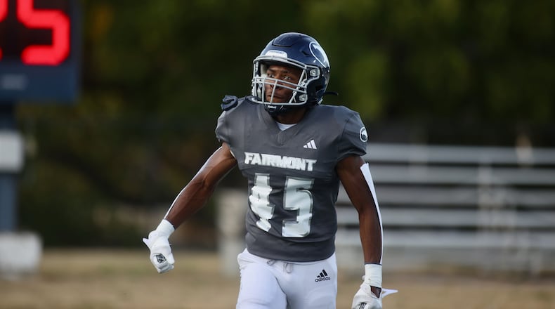 Fairmont's Kameron Thornton reacts after a touchdown catch against Centerville on Friday, Sept. 13, 2024, at Roush Stadium. Thornton caught a TD pass in the FIrebirds' win over Beavercreek on Friday night. David Jablonski/Staff