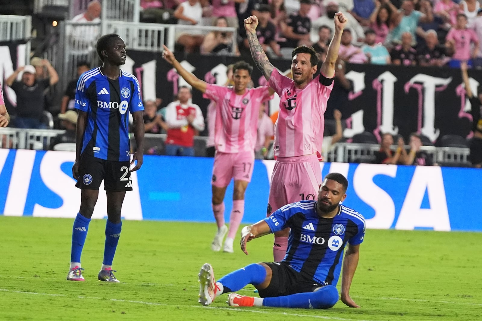 Inter Miami forward Lionel Messi (10) celebrates after scoring a goal during the first half of an MLS soccer match against CF Montreal, Wednesday, May 28, 2025, in Fort Lauderdale, Fla. (AP Photo/Lynne Sladky)