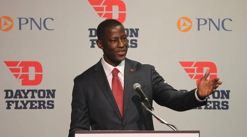 Dayton basketball coach Anthony Grant speaks at his introductory press conference on Saturday, April 1, 2017, at UD Arena. David Jablonski/Staff