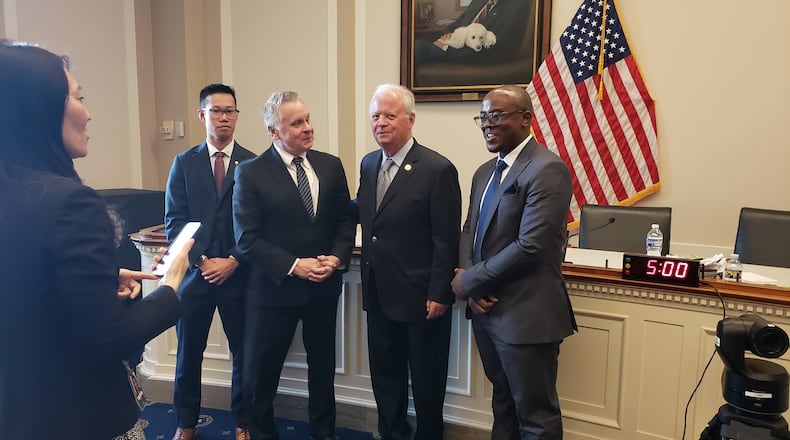 Former Dayton Congressman Tony Hall meets with U.S. Rep. Chris Smith, R-New Jersey, after testifying before the House Foreign Affairs Committee about cobalt mining in the Democratic Republic of Congo. JAMIE DUPREE/CONTRIBUTED