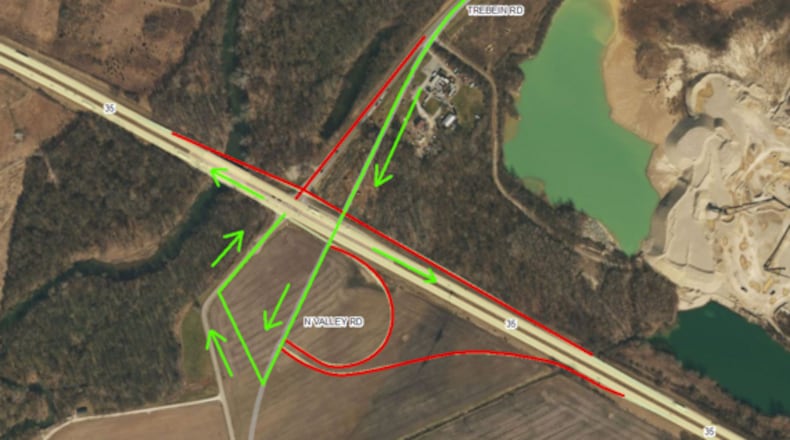 Denoted with the green arrows, this map illustrates the traffic pattern for southbound Trebein Road motorists traveling to U.S. 35 East or West. ODOT, CONTRIBUTED