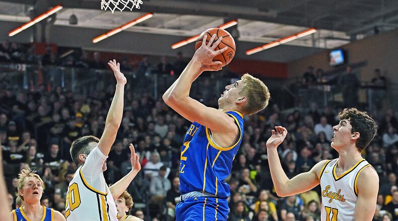 Marion Local's Brayden Mescher scores in Friday night's Division VI state semifinal win over North Robinson Colonel Crawford at Bowling Green's Stroh Center. CONTRIBUTED