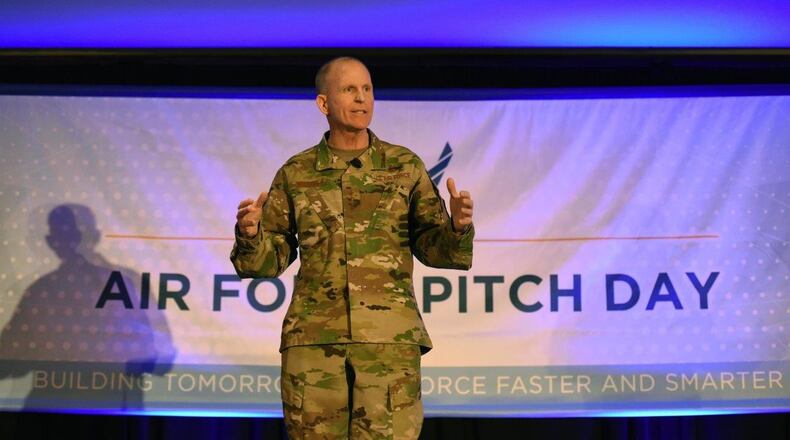 Air Force Vice Chief of Staff Gen. Stephen W. Wilson speaks to a crowd of small businesses, venture capitalists and Airmen during the inaugural Air Force Pitch Day in New York, March 7. Air Force Pitch Day is designed as a fast-track program to put companies on one-page contracts and same-day awards with the swipe of a government credit card. The Air Force is partnering with small businesses to help further national security in air, space and cyberspace. (U.S. Air Force photo/Tech Sgt. Anthony Nelson Jr.)