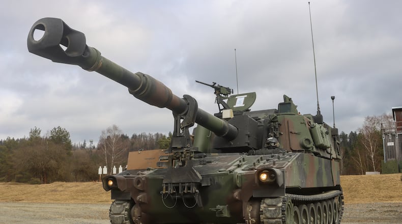 In this image provided by the U.S. Army, U.S. Soldiers from Battery A, 41st Field Artillery Regiment, 1st Armored Brigade Combat Team, 3rd Infantry Division, conduct live-fire exercises using the M109 Paladins at the Grafenwoehr Training Area, March 14, 2022. The first class of 635 Ukrainian fighters has finished a five-week advanced U.S. training course in Germany on sophisticated combat skills and armored vehicles, including M109 Paladins, that will be critical in the coming spring offensive against the Russians, the Pentagon said Friday, Feb. 17, 2023. (Capt. Patrick M. Connelly/U.S. Army via AP)