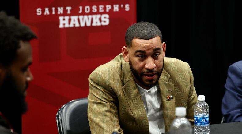 Loyola coach Drew Valentine talks to reporters at Atlantic 10 Conference Media Day on Thursday, Oct. 13, 2022, at the Barclays Center in Brooklyn, N.Y. David Jablonski/Staff
