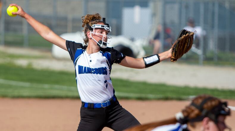Miamisburg's Amariah Hoerner fires a pitch during Thursday's Division I softball district final at Kings High School. Hoerner struck out four and allowed seven hits. Western Brown came from behind to win 3-2. Jeff Gilbert/CONTRIBUTED