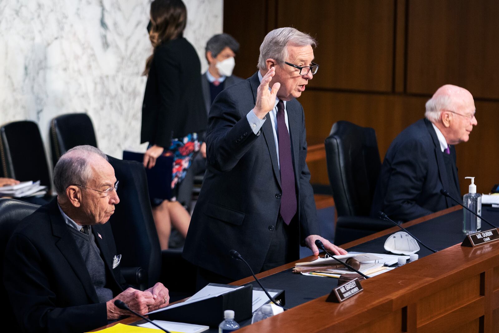 FILE - Senate Judiciary Committee Chairman Sen. Dick Durbin, D-Ill., with ranking member Sen. Chuck Grassley, R-Iowa, left, and Sen. Patrick Leahy, D-Vt., right, swears in Assistant Attorney General for National Security Division Matthew Olsen and Executive Assistant Director, National Security Branch of the FBI Jill Sanborn during the committee hearing to examine the domestic terrorism threat one year after January 6, on Capitol Hill, Feb. 10, 2022, in Washington. (AP Photo/Manuel Balce Ceneta, File)