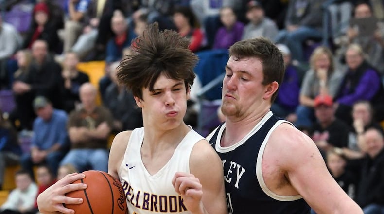 Bellbrook’s Gabe Pavlat tries to drive past a Valley View defender during Friday night’s game at Bellbrook. Nick Falzerano/CONTRIBUTED