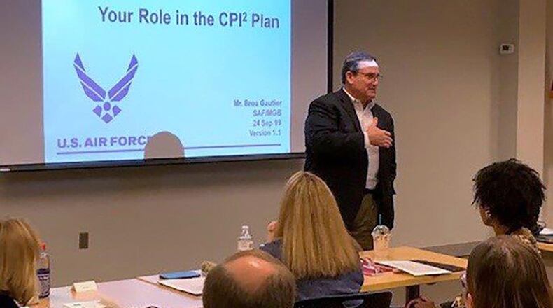 During the Air Force Materiel Command’s second annual Continuous Process Improvement training Sept. 24-25 at Wright-Patterson Air Force Base, Brou Gautier, chief, Air Force Continuous Process Improvement Division, discusses with attendees how to improve skills, how important it is to be involved in mentorship and where the future is headed for AFMC and the Air Force. (U.S. Air Force photo)