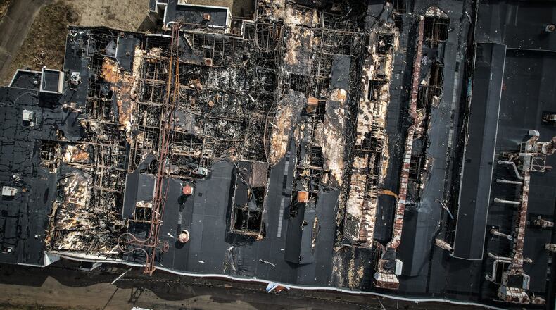 Much of the roof of the Wright Company Factory site was damaged by fire in late March 2023. JIM NOELKER/STAFF