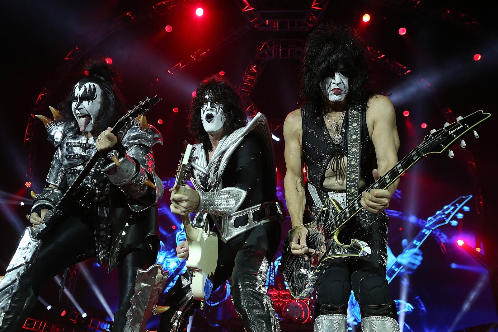 PERTH, AUSTRALIA - OCTOBER 03: Gene Simmons, Tommy Thayer and Paul Stanley of KISS, perform during their opening show for the Australian leg of their 40th anniversary world tour at Perth Arena on October 3, 2015 in Perth, Australia.  (Photo by Paul Kane/Getty Images)