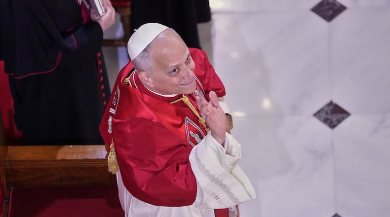 Pope Leo XIV meets the clergy at the Cathedral of the Holy Spirit, in Istanbul, Turkey, Friday, Nov. 28, 2025. (AP Photo/Domenico Stinellis)