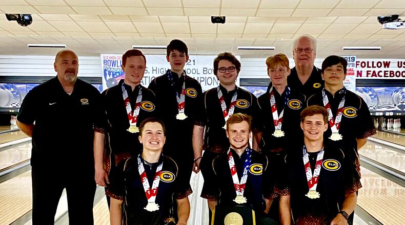 Centerville's U.S. High School Bowling National Championship team
Front row (L to R) junior Brendan Salo, senior captain Ian Dobran, junior Anthony Conty
Back row (L to R) assistant coach Terry Brassington, senior Max Hamrick, sophomore Nolan Caban, sophomore Cole Gregory, freshman Zach Hamrick, senior Maximus Wright, coach Andy Parker - contributed