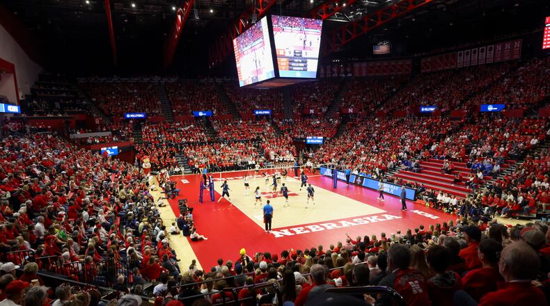 Nebraska ansd Georia Tech play the first set of an NCAA volleyball tournament Sweet Sixteen match in Bob Devaney Sports Center, Thursday, Dec. 7, 2023, in Lincoln, Neb. (Nikos Frazier/Omaha World-Herald via AP)