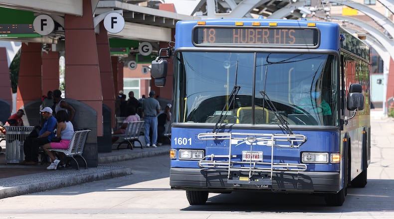 A Greater Dayton RTA bus leaves Wright Stop Plaza Transit Center in downtown Dayton on Friday, June 27. BRYANT BILLING / STAFF
