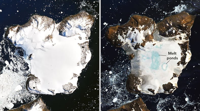 NASA’s Earth Observatory released images of dramatic melting of ice caps on Antarctica taken at a time earlier this month when the continent recorded record high temperatures. NASA Earth Observatory images by Joshua Stevens, using Landsat data from the U.S. Geological Survey