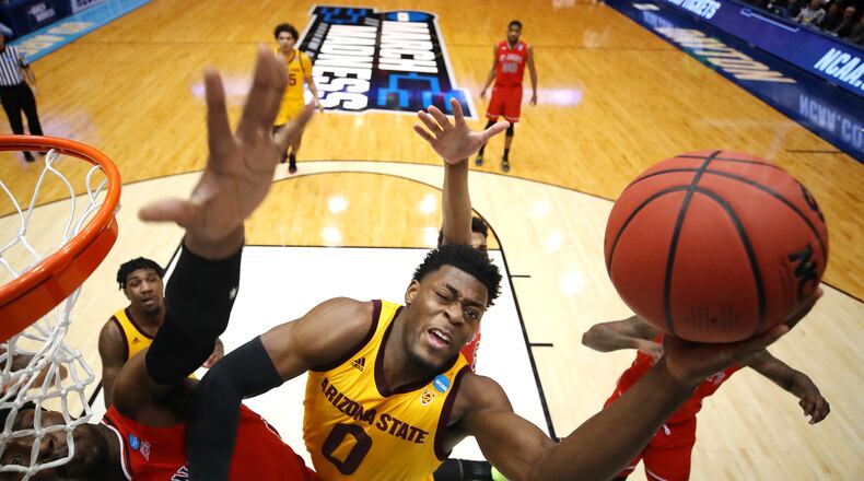 DAYTON, OHIO - MARCH 20: Luguentz Dort #0 of the Arizona State Sun Devils drives to the basket against Sedee Keita #0 of the St. John’s Red Storm during the first half in the First Four of the 2019 NCAA Men’s Basketball Tournament at UD Arena on March 20, 2019 in Dayton, Ohio. (Photo by Gregory Shamus/Getty Images)