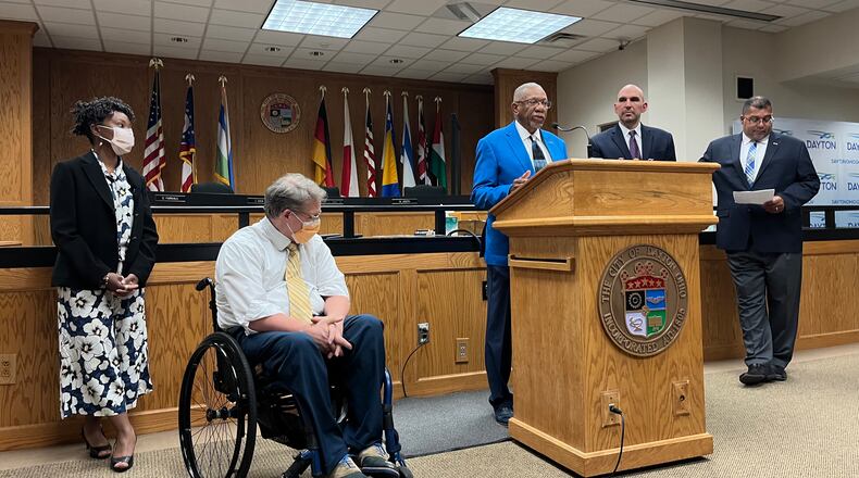 Dayton Mayor Jeff Mims speaks at a June 1, 2022 press conference calling for changes in gun laws. From left are city commissioners Shenise Turner-Sloss, Darryl Fairchild, Matt Joseph and Chris Shaw. CORNELIUS FROLIK / STAFF