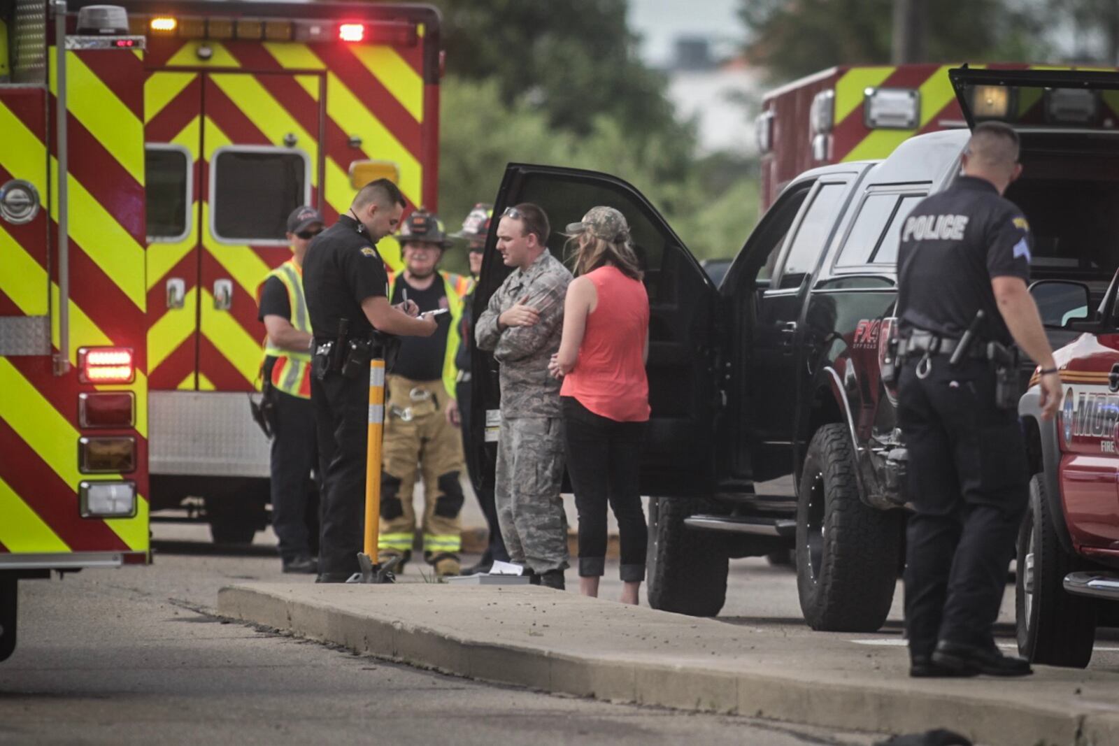 The Ford F-150 was involved in a collision with a red sedan Wednesday afternoon, May 30, 2018, on Dryden Road in Moraine. (Kate Bartley/Staff)