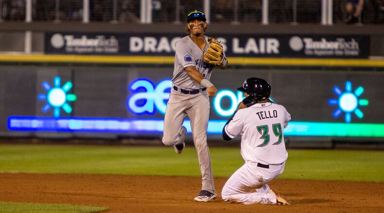 Dragons baserunner Jose Tello is the first out of a double play as Lake County shortstop Jose Tena fires to first base during Wednesday night's game at Day Air Ballpark. Jeff Gilbert/CONTRIBUTED
