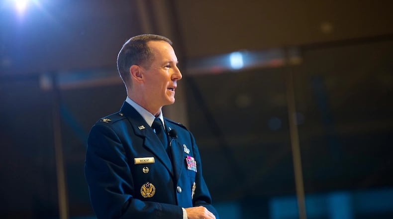 Col. Douglas Wickert gives remarks during the investiture ceremony on Dec. 6, 2019 in Polaris Hall at the U.S. Air Force Academy in Colorado Springs, Colorado. (U.S. Air Force photo/Trevor Cokley)
