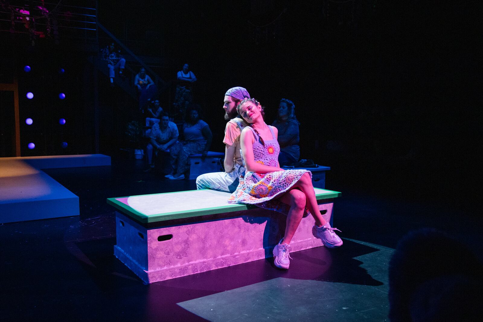 Theater productions take place in the Experimental black box theater at the new Glass Center. This is "Godspell."
