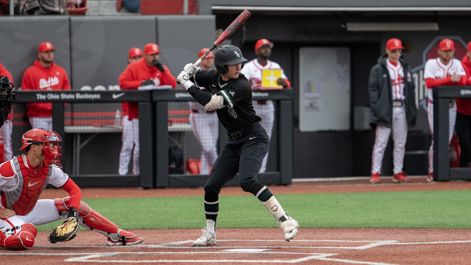 Wright State University sophomore and Chaminade Julienne grad JP Peltier awaits a pitch during their game earlier this season against Ohio State University. Jordan Wommack / CONTRIBUTED PHOTO