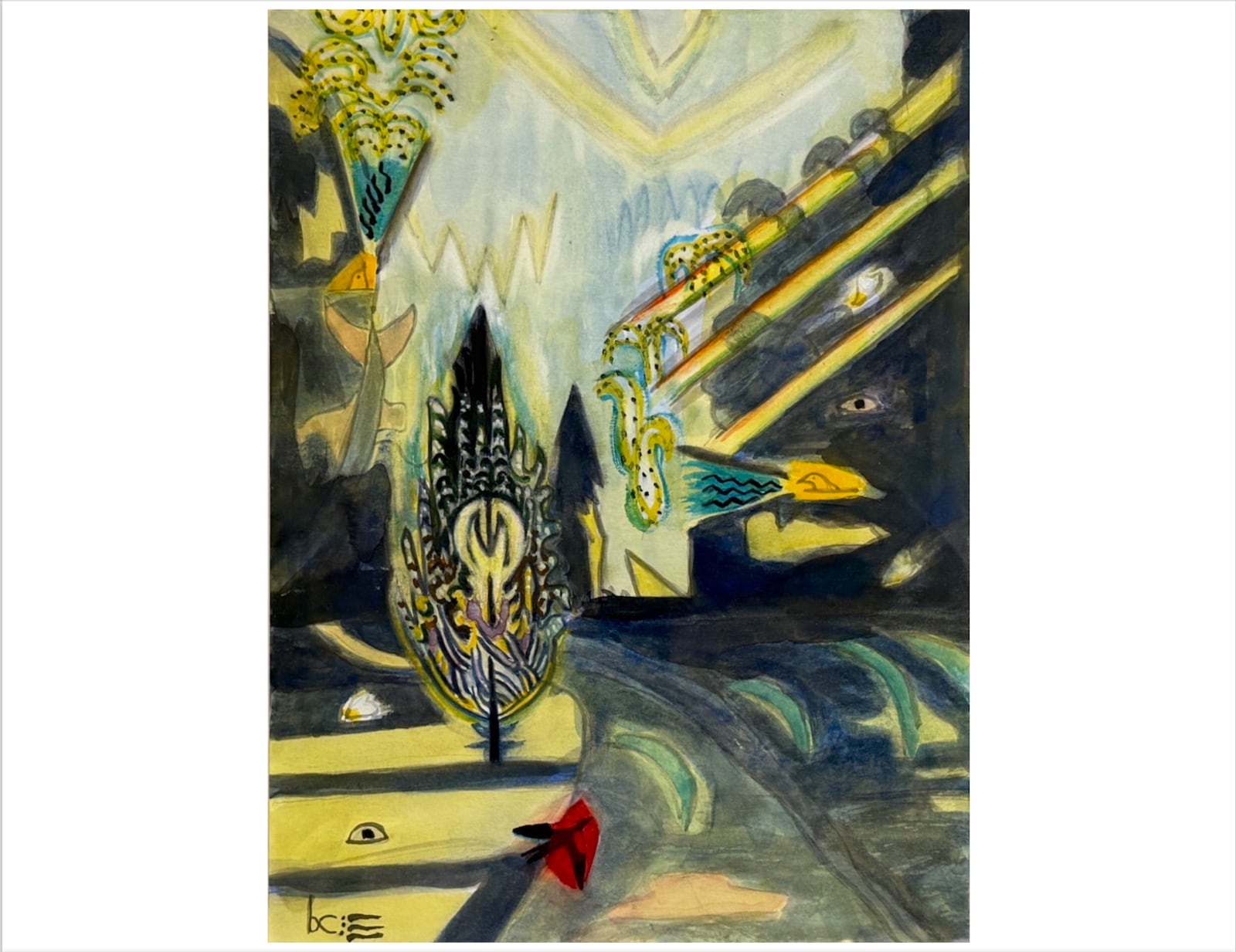 Barb Stork, "Warbler Song", Watercolor and ink on paper. The piece, created on residency in Vancouver Island, has an Art Nouveau set design feel. HANNAH KASPER/CONTRIBUTED