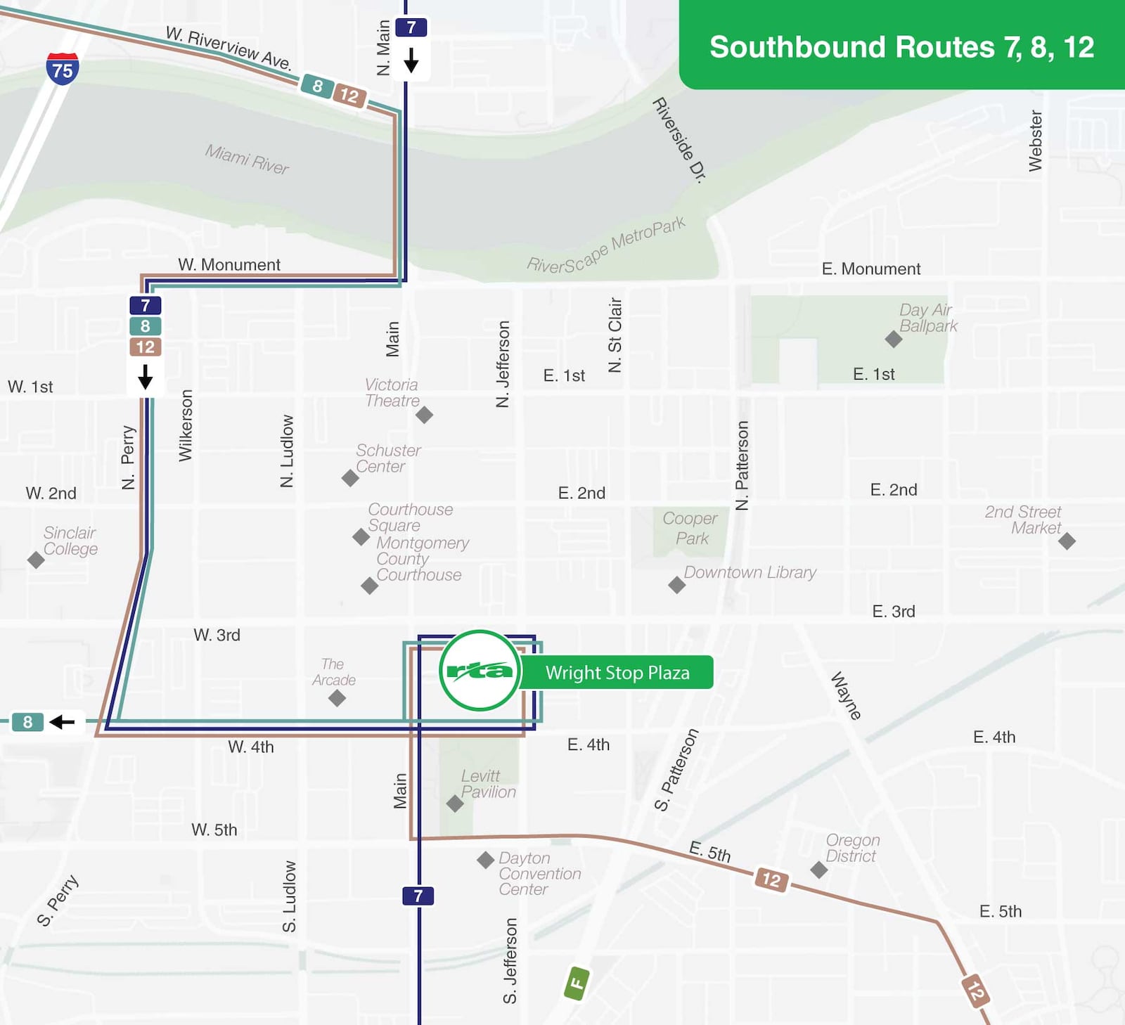 Southbound Routes 7, 8 and 12 - From North Main Street they will turn right onto Monument Avenue, left onto Perry Street, left onto Fourth Street, left onto Jefferson Street and enter Wright Stop Plaza. When exiting, they will turn left onto Main Street back to the designated routes. (CONTRIBUTED: RTA)