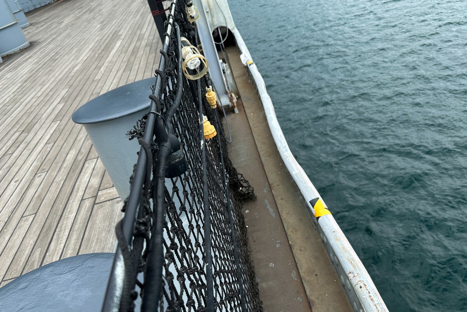 This April 3, 2025, photo taken at the Battleship Missouri Memorial in Pearl Harbor, Hawaii shows damage sustained when a Japanese Zero fighter flown by a kamikaze pilot rammed into the USS Missouri during the Battle of Okinawa on April 11, 1945. (AP Photo/Audrey McAvoy)
