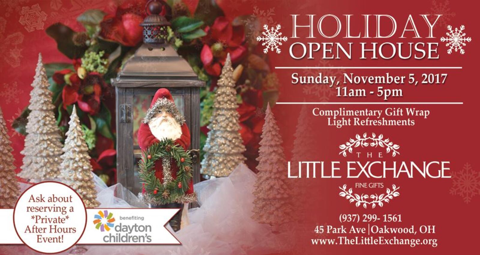 The Little Exchange’s Annual Holiday Open House will be on Sunday, Nov. 5 from 11 am to 5 pm. As a 501 (c )3 nonprofit, all of the shop’s proceeds benefit Dayton Children’s Hospital and this is its largest fundraising event of the year.