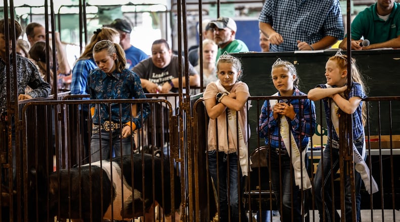 Swine princesses from left, Aubrey Lide, Alyssa Miller and Bella Neville watch the swine showmanship competition at the Greene County Fair on August 2, 2021. JIM NOELKER/STAFF