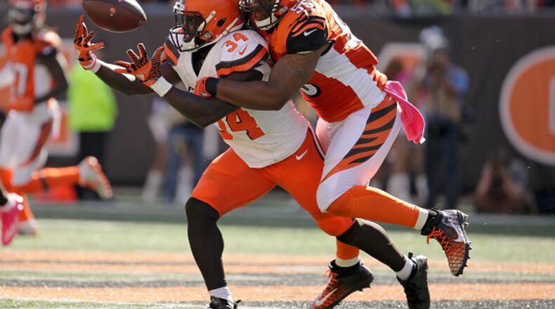 CINCINNATI, OH - OCTOBER 23: Vontaze Burfict #55 of the Cincinnati Bengals tackles Isaiah Crowell #34 of the Cleveland Browns during the third quarter at Paul Brown Stadium on October 23, 2016 in Cincinnati, Ohio. (Photo by Andy Lyons/Getty Images)