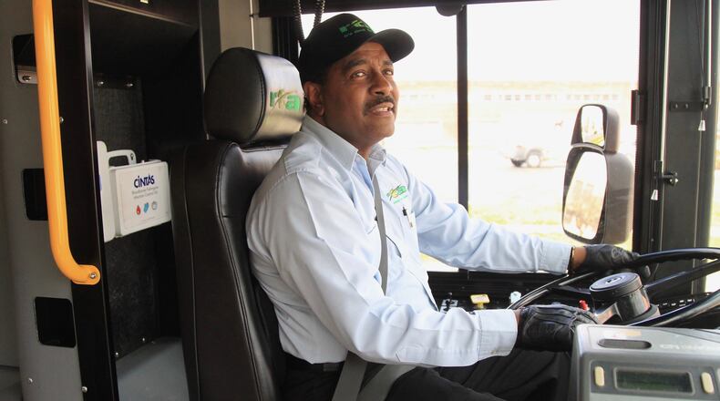 Dayton RTA bus driver Juan Jones drives on Monday, March 30, 2020, in Dayton. David Jablonski/Staff