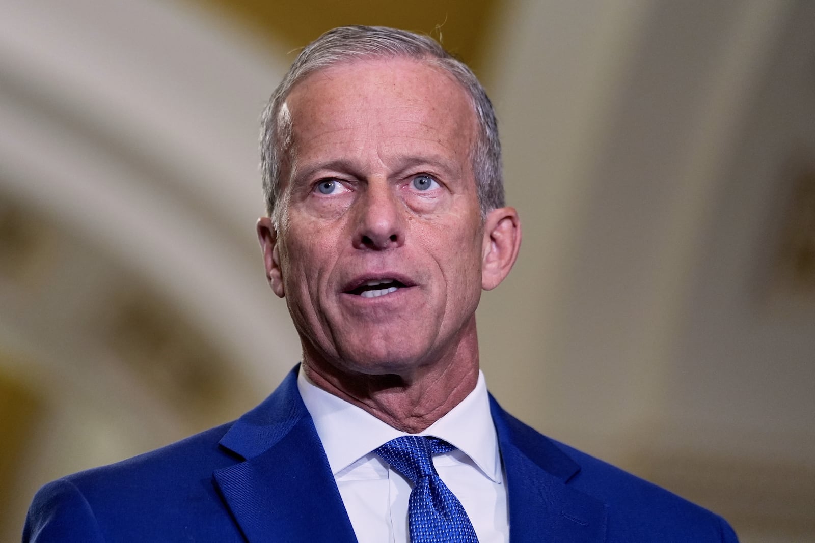 Sen. Majority Leader John Thune, R-S.D., talks after a policy luncheon on Wednesday, July 9, 2025, at the Capitol in Washington. (AP Photo/Mariam Zuhaib)