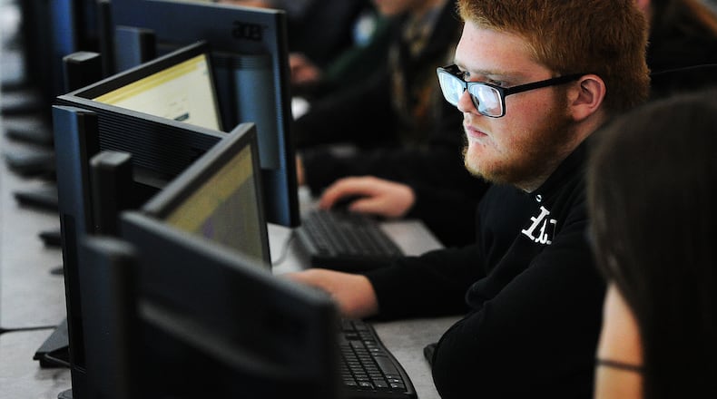 Miami Valley CTC student Dallas Pieratt working in the computer lab Tuesday, Feb. 7, 2023. MARSHALL GORBY\STAFF