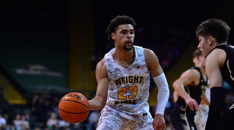 Wright State's Tanner Holden looks to make a move vs. Oakland during a game at the Nutter Center on Feb. 10, 2024. Joe Craven/Wright State Athletics