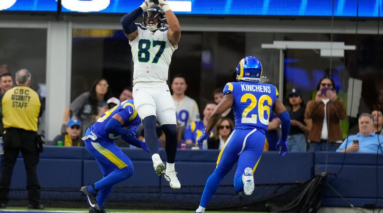 Seattle Seahawks tight end Noah Fant (87) makes a touchdown catch during the second half of an NFL football game Los Angeles Rams, Sunday, Jan. 5, 2025, in Inglewood, Calif. (AP Photo/Mark J. Terrill)