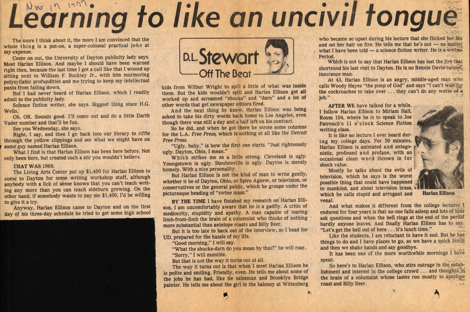 DL Stewart's column on Harlan Ellison as it appeared in The Dayton Journal Herald, Nov. 17, 1977.