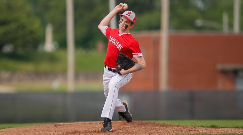 Southeastern High School senior pitcher Sam Smith motions towards the plate during a Division IV district semifinal game against Troy Christian on Monday, Monday, May 23, 2022, at Troy High School's Market Street Field. The Trojans won 3-0. Contributed photo by Michael Cooper